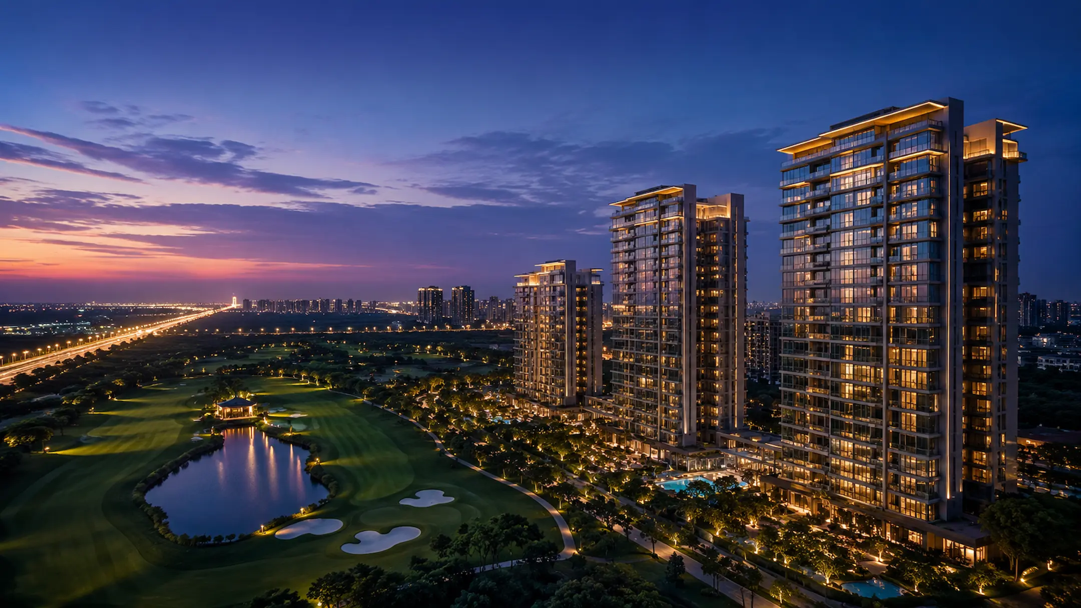Aerial twilight photograph of lush golf course interwoven with sleek high-rise residential towers along the Noida Expressway Billionaire's Belt.