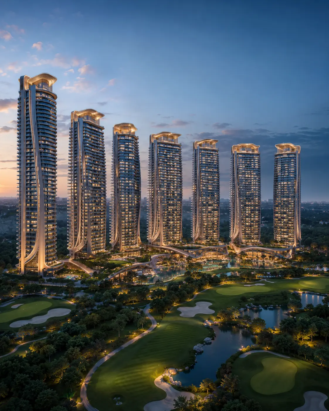 CRC The Peridona luxury golf estate towers at Jaypee Greens Greater Noida designed by Killa Design Dubai overlooking the Greg Norman golf course