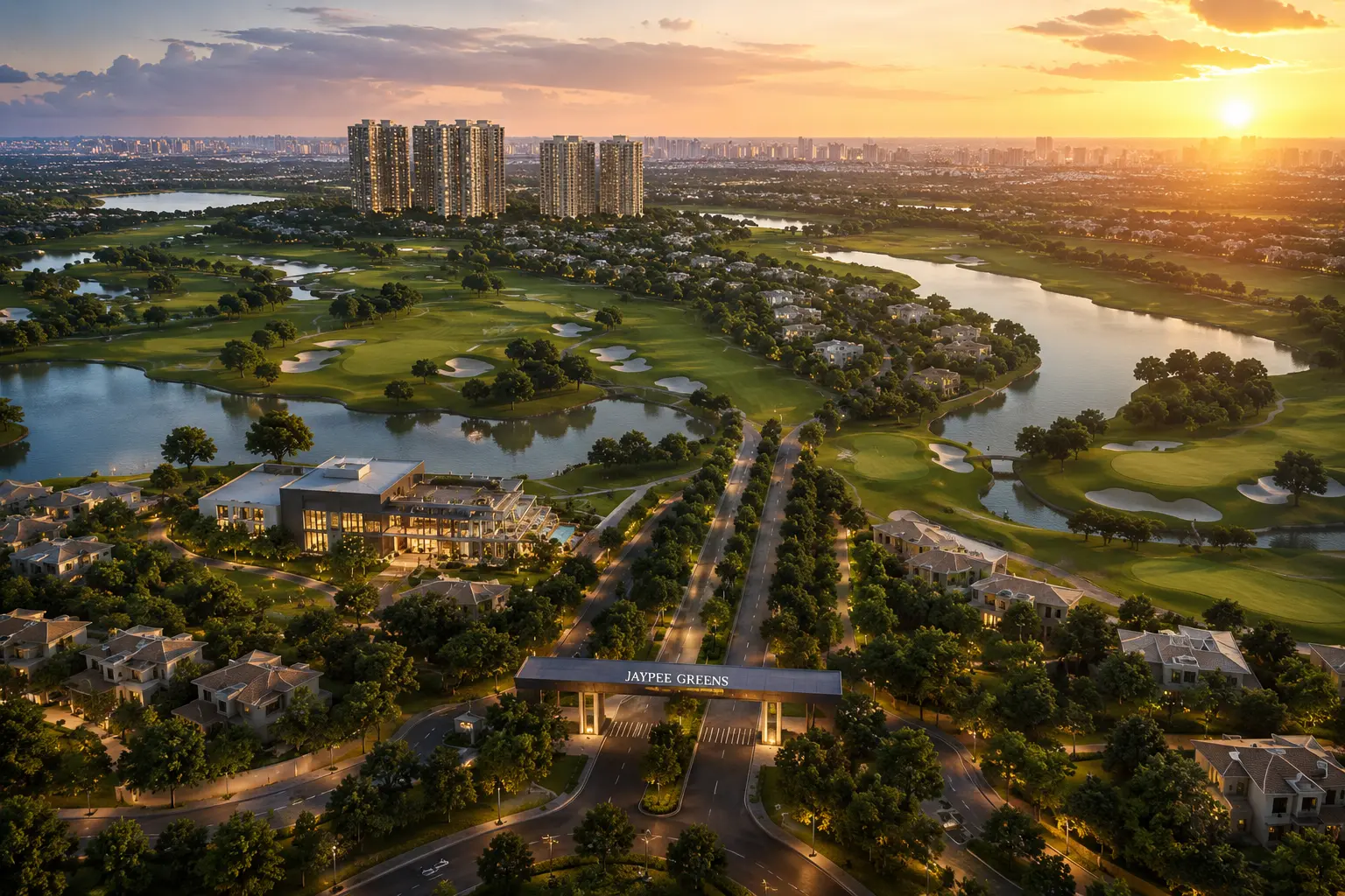 Aerial view of Jaypee Greens Greater Noida featuring the Greg Norman Championship Golf Course, luxury residences, lakes and nature parks