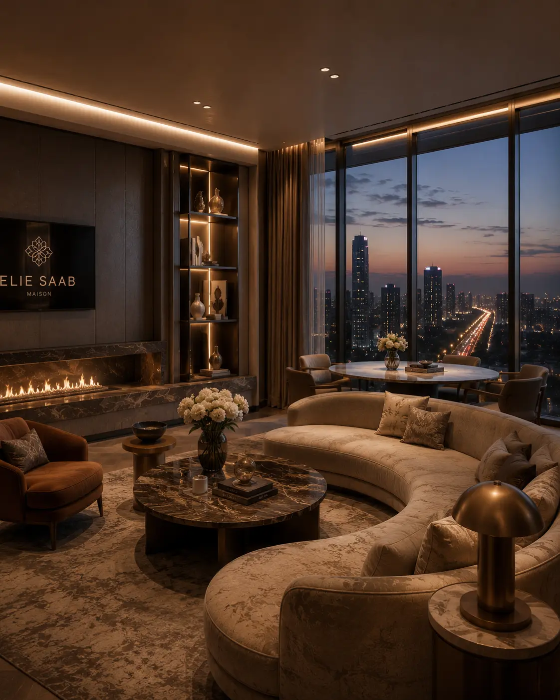 Luxury ELIE SAAB branded executive suite interior in Noida featuring hospitality-inspired living spaces, couture detailing, skyline views, and premium serviced residence aesthetics.