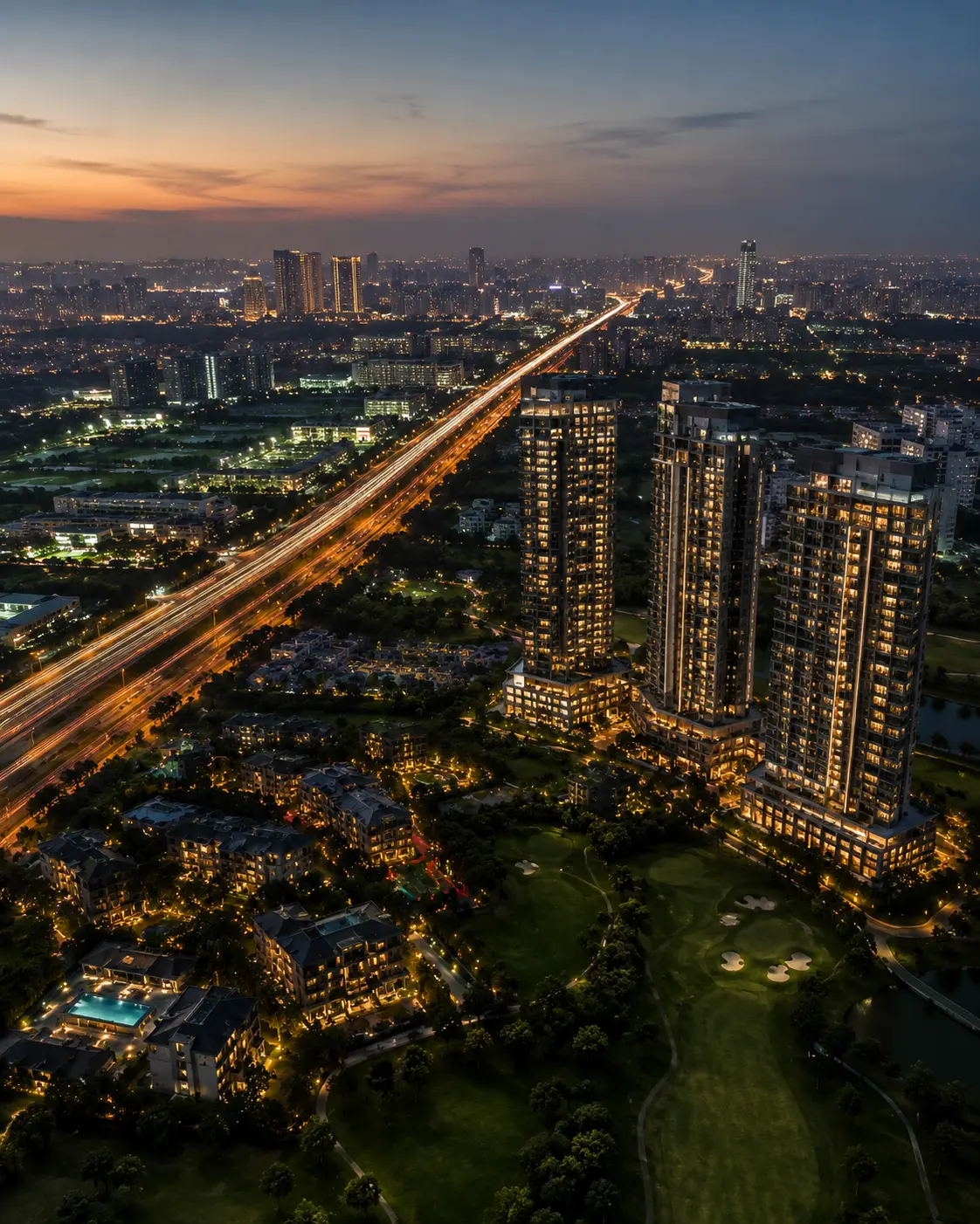 Aerial view of the Noida Expressway luxury and business corridor near ELIE SAAB Executive Suites in Sector 98.