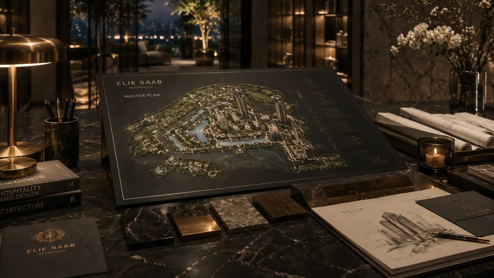 Private architectural master layout presentation for ELIE SAAB branded residences featuring bespoke couture-inspired configurations and luxury residence planning.