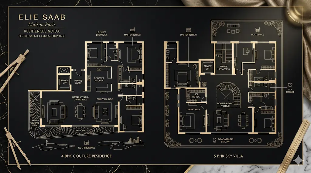 ELIE SAAB Residences Noida luxury floor plan presentation featuring 4 BHK couture residences and private 5 BHK sky villas with lift lobby access and wrap-around balconies