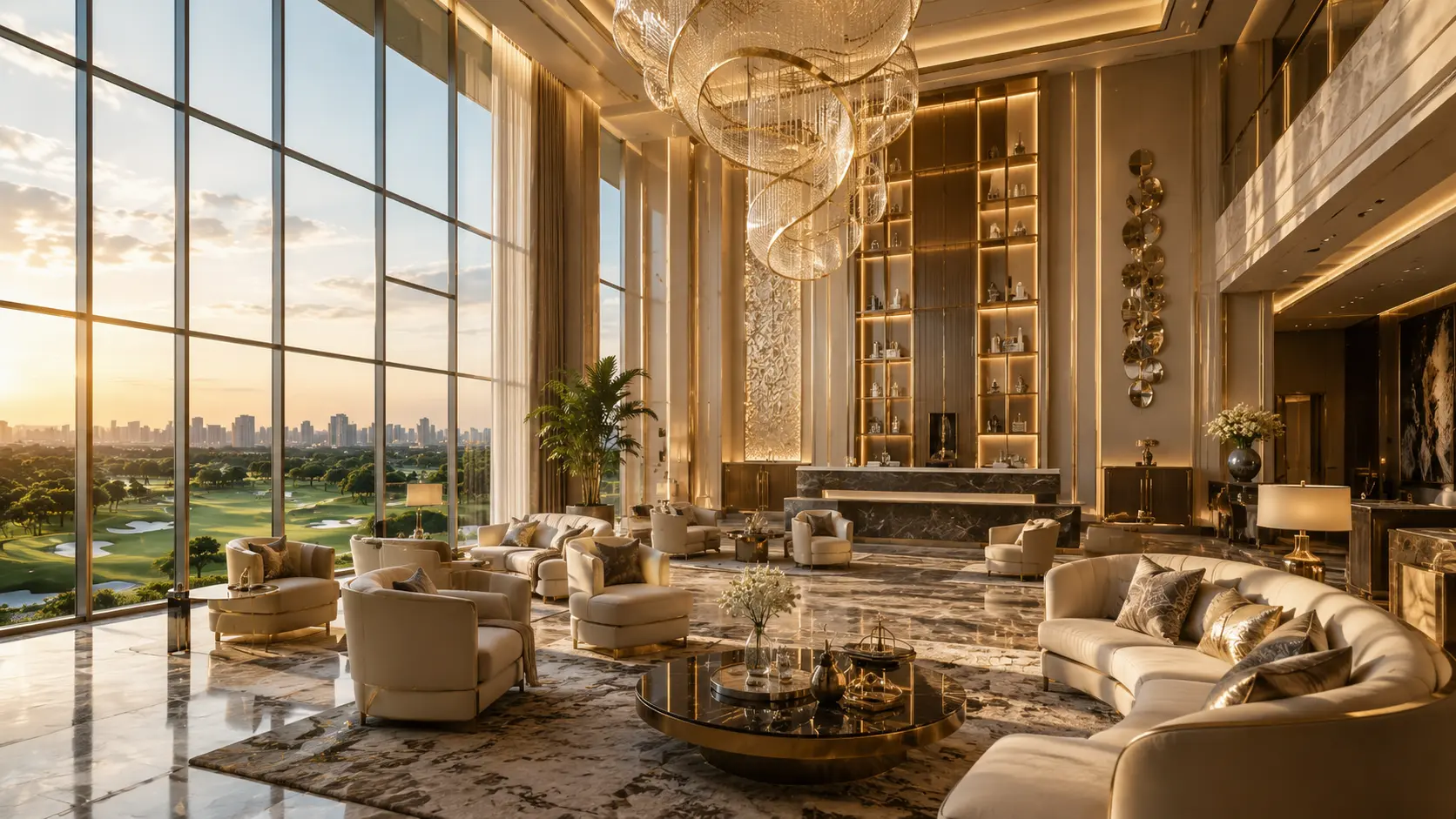 Luxury clubhouse and couture resident lounge at ELIE SAAB Residences Noida featuring designer interiors, concierge hospitality and golf course views