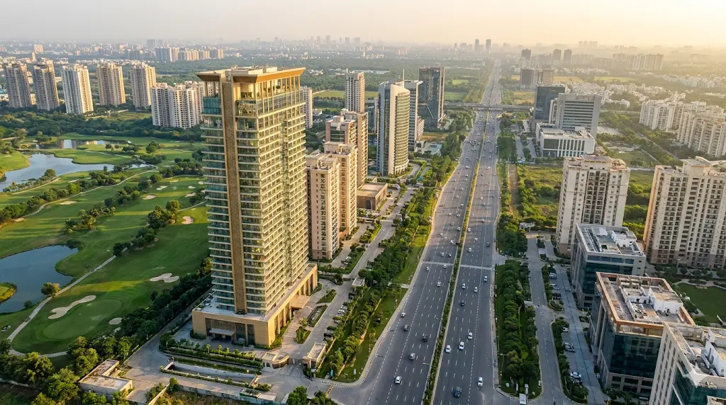 Aerial view of Sector 98 Noida Expressway showing ELIE SAAB Residences Noida, Golf Course, and DND direction