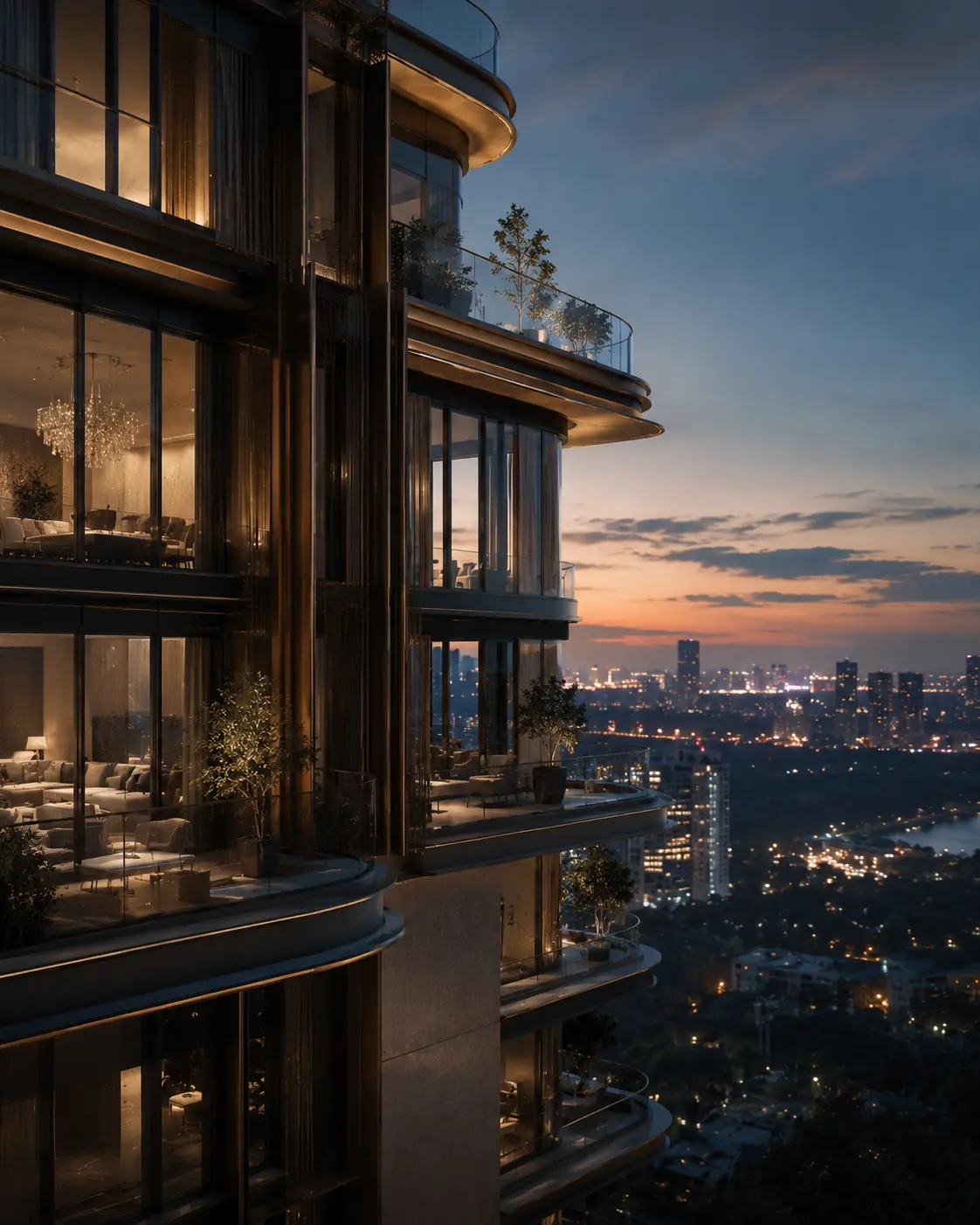 Panoramic skyline view of ultra-luxury ELIE SAAB branded residences in Noida featuring couture-inspired glass façades, sculptural terraces, and warm ambient lighting at dusk.