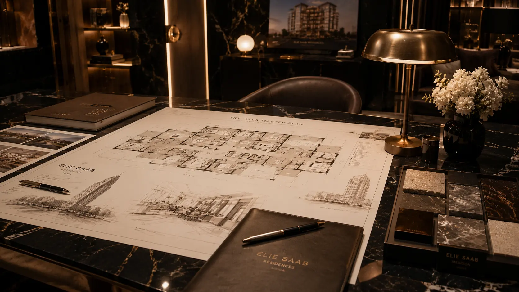 Ultra-luxury sky villa architectural masterplan presentation featuring bespoke branded residence planning and couture-inspired design detailing.