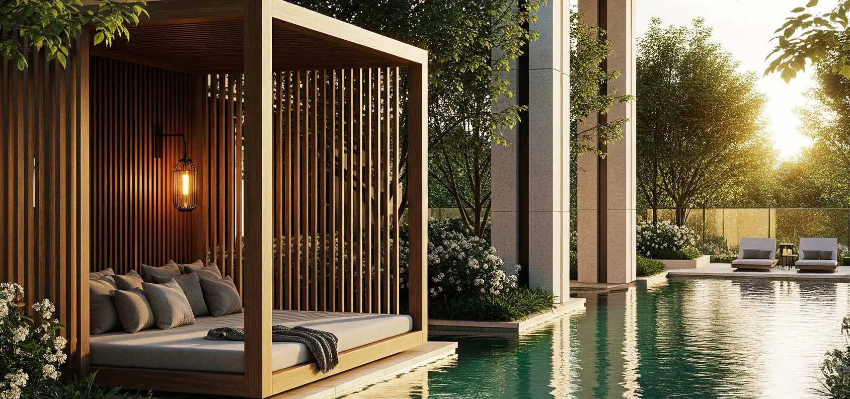 Luxury emerald lagoon leisure experience with reflective water features at Smartworld ELIE SAAB branded residences Noida.