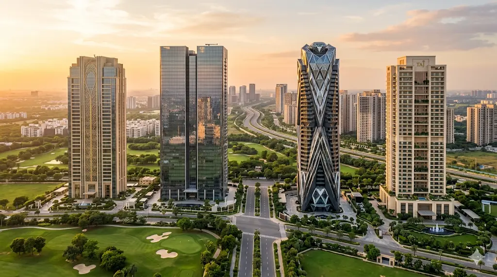 Luxury branded residences in Noida featuring ELIE SAAB Residences, Jacob & Co Residences, Trump Towers Noida and Taj Skyscape along the Noida Expressway luxury corridor