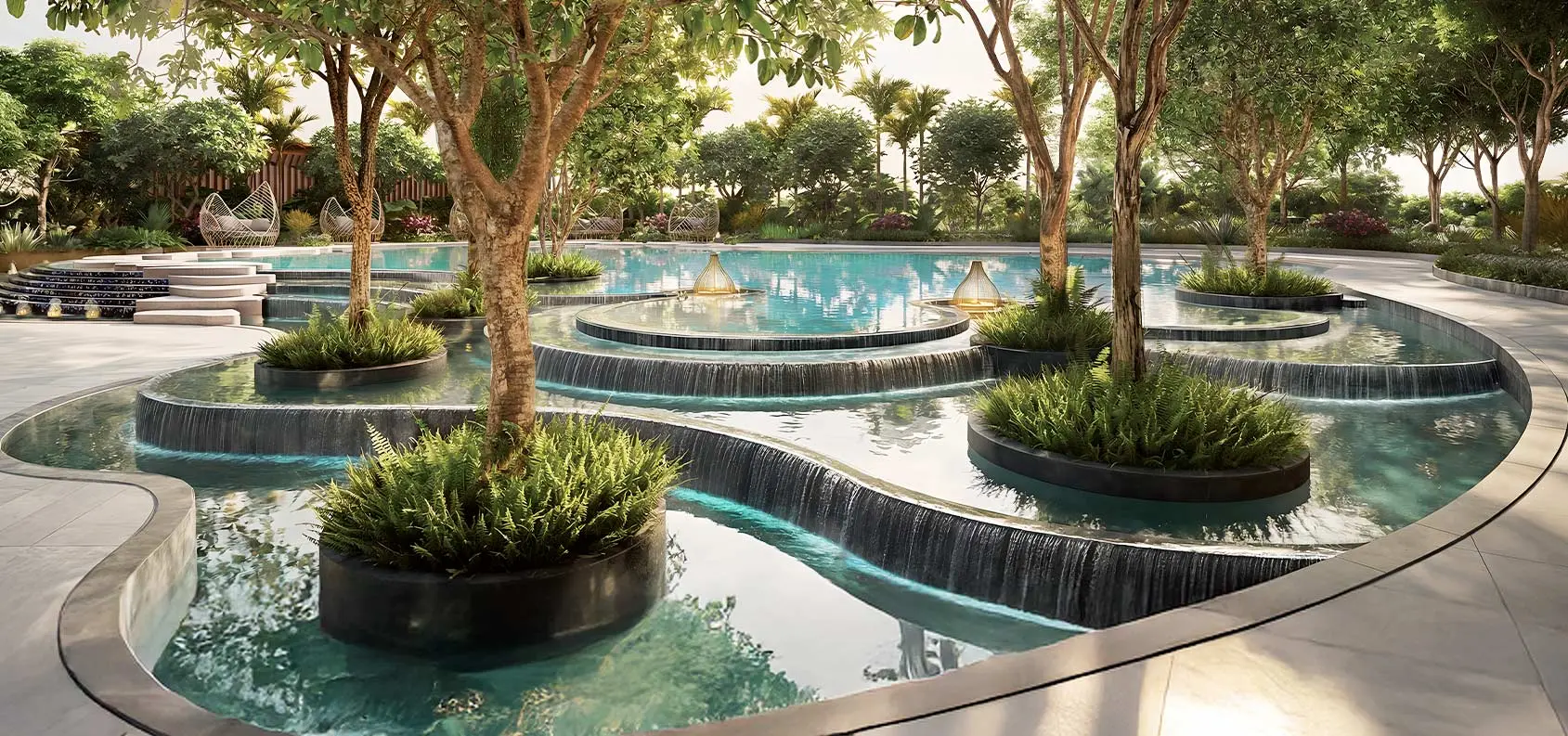 Private wellness gardens at Smartworld ELIE SAAB Residences Noida  featuring landscaped relaxation spaces and luxury resort-inspired ambiance in Sector 98 Noida.