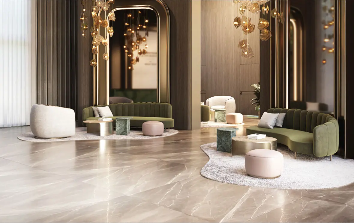 Sophisticated terrace court social lounge designed for private gatherings at Smartworld ELIE SAAB residences Noida.