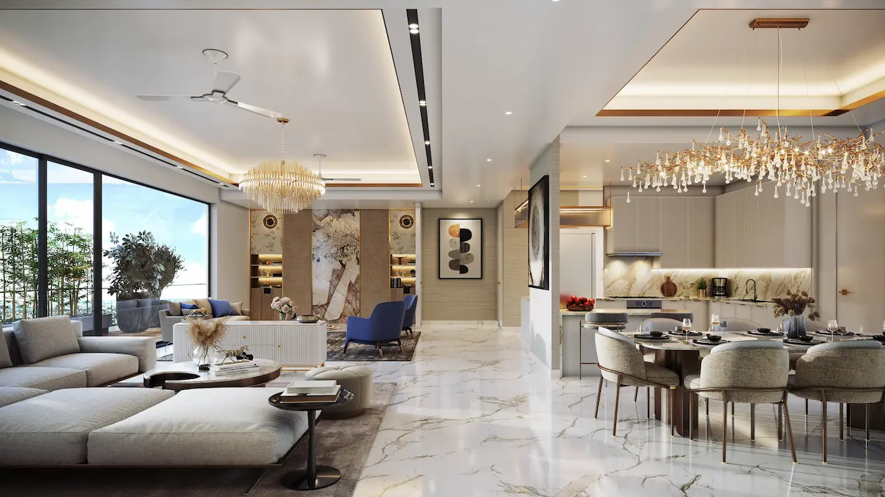 M3M The Cullinan Grand Estate luxury living room at Sector 94 Noida featuring floor-to-ceiling glass walls, Italian marble flooring, panoramic Noida skyline and Yamuna river views