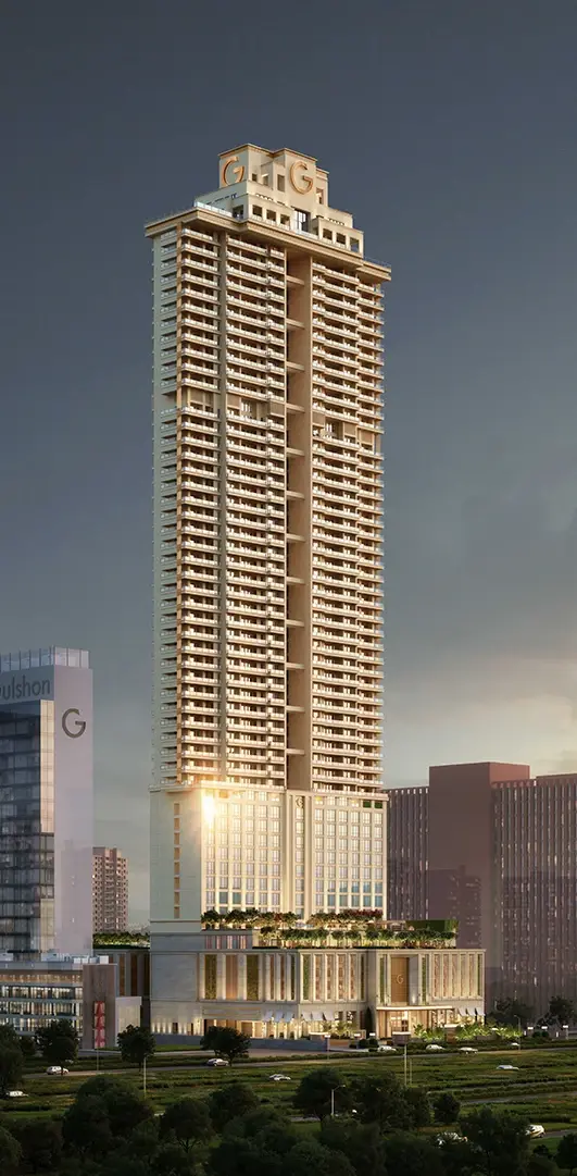Architectural zoning diagram of Taj Skyscape Noida showing the 150-key Taj Hotel, private branded residences, vertically separated residential floors, and hospitality-led mixed-use development on the Noida Expressway.